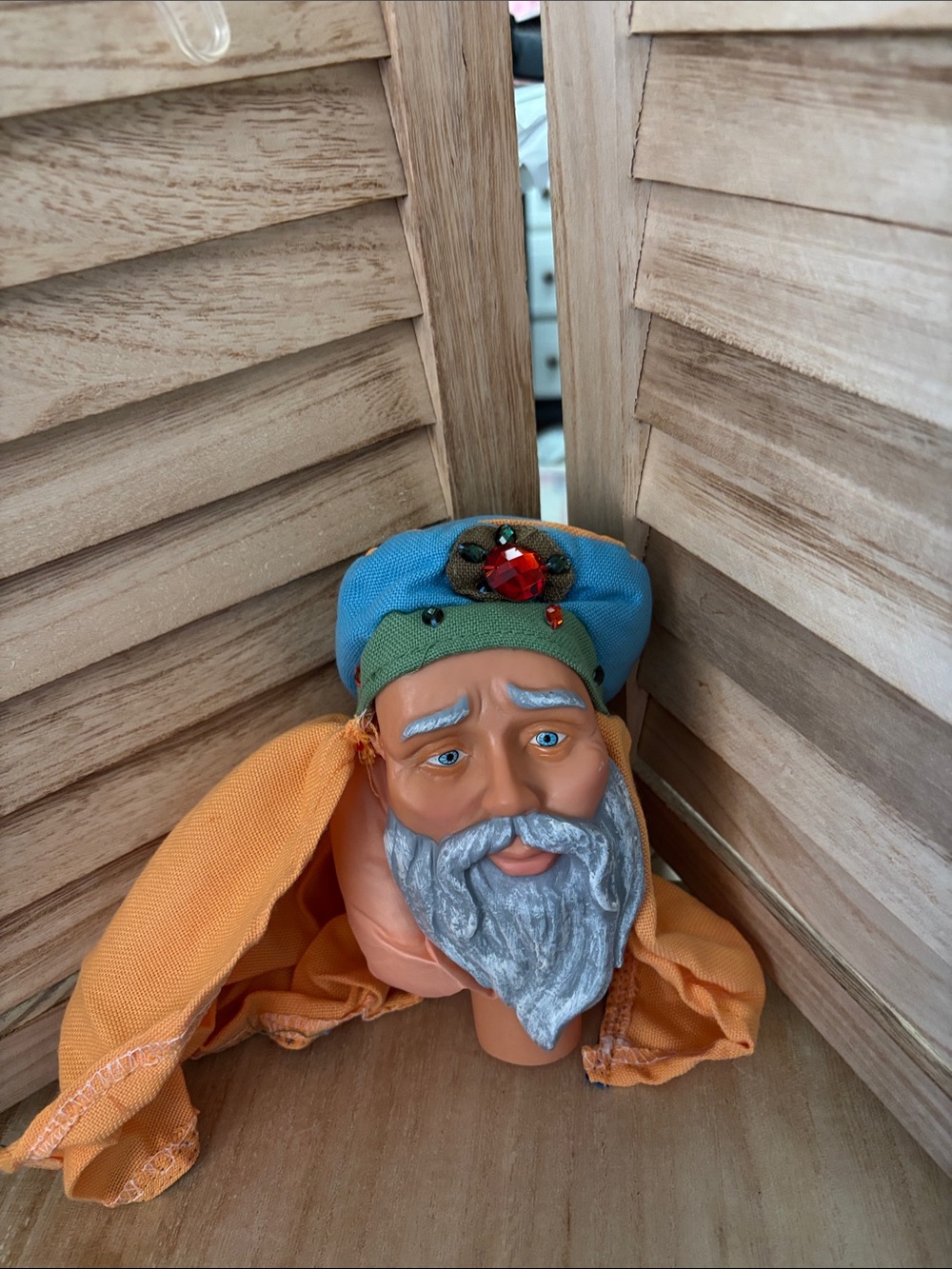 Decorative Bearded Figure Head with Blue Turban and Orange Scarf